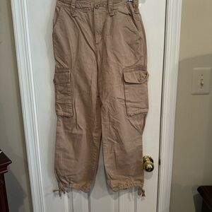 Forever 21 Women's Cargo Beige Drawstring Legs Pants Sz S- Cotton- Button Accent